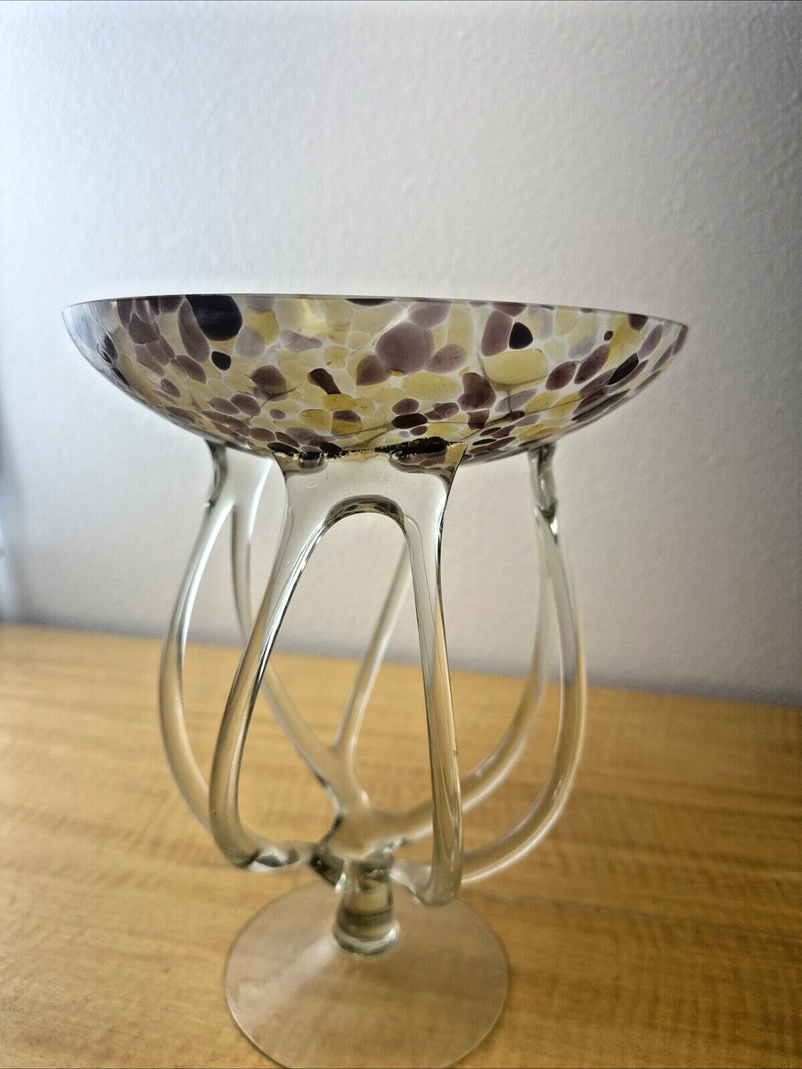 Zorza Vintage Hand Blown Art Glass Jellyfish Pedestal Bowl, Poland